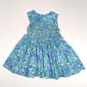 Vtg 60s Dress Girls 3T Blue Floral Smocked Classy Full